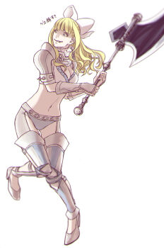 1girl armor axe battle_axe bikini_armor blonde_hair blue_eyes bow breasts charlotte_(fire_emblem) cleavage evil_grin evil_smile fire_emblem fire_emblem_fates gluteal_fold grey_panties grin hair_bow highres holding holding_axe long_hair medium_breasts nintendo osctbti panties pauldrons shoulder_armor smile solo underwear wavy_hair weapon white_bow
