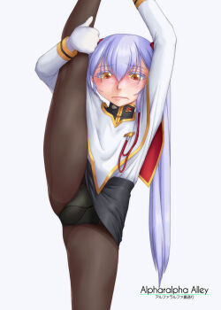 1girl ^jj^ blush commentary_request embarrassed flexible gloves highres hoshino_ruri kidou_senkan_nadesico leg_up long_hair miniskirt panties panties_under_pantyhose pantyhose purple_hair skirt solo split standing standing_on_one_leg standing_split twintails underwear yellow_eyes