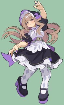 1girl absurdres apron arm_up black_dress black_hat black_shoes breasts brown_hair commentary doll_joints dress flower frilled_dress frills full_body green_background hat hat_flower herta_(honkai:_star_rail) herta_(puppet)_(honkai:_star_rail) highres honkai:_star_rail honkai_(series) joints lock long_hair looking_at_viewer medium_breasts nezo parted_lips purple_eyes purple_flower shoes short_sleeves simple_background solo thighhighs white_apron white_thighhighs