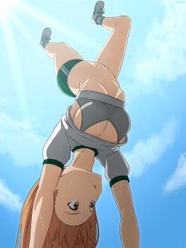1girl absurdres asuna_(sao) blue_sky breasts buruma clothes_lift cloud commission day green_shorts grey_sports_bra gym_uniform handstand highres huge_filesize medium_breasts mysteryctu orange_eyes orange_hair pixiv_commission shirt shirt_lift shoes shorts sky sneakers solo sports_bra sun sword_art_online upside-down white_shirt white_shoes