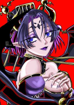 Rule 34 | 1girl, black hair, blue eyes, breasts, cleavage, demon, demon girl, demon horns, demon wings, digimon, digimon (creature), eyeshadow, facial mark, fang, forehead mark, hair ornament, horns, lilithmon, looking at viewer, makeup, mark of evil, natriumna01, pointy ears, purple eyeshadow, purple lips, short hair, simple background, solo, wings