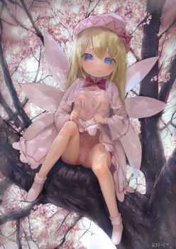 1girl blonde_hair blue_eyes blush breasts capelet cherry_blossoms cleft_of_venus covered_erect_nipples dress fairy fairy_wings hair_between_eyes hat highres in_tree lily_white loli long_hair looking_at_viewer open_mouth panties petite shoes sitting sitting_in_tree small_breasts solo touhou tree underwear white_capelet white_dress white_hat white_panties white_shoes wings yawdeone