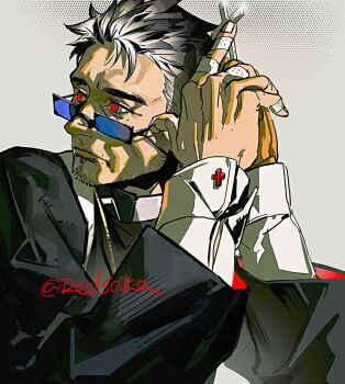 1boy bandaged_fingers bandages beard_stubble cassock clerical_collar cross facial_hair glasses gradient_hair grey_hair hair_slicked_back holding holding_cross index_finger_raised looking_to_the_side male_focus mature_male multicolored_hair old old_man original own_hands_together priest red_eyes redsakaone shirt short_hair simple_background solo spiked_hair stubble thick_eyebrows white_background white_hair white_shirt