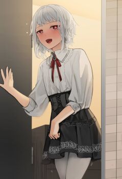 1boy black_skirt blush breasts bright_pupils bulge collared_shirt commentary_request cowboy_shot crossdressing crossdressing_(mtf) dot_nose elf_boy_(sunaba_(nczd5875)) erection erection_under_clothes grey_hair hand_up heart high-waist_skirt highres indoors lace lace-trimmed_skirt lace_trim long_sleeves looking_at_viewer male_focus medium_breasts motion_lines neck_ribbon open_mouth original pantyhose partial_commentary pointy_ears red_eyes red_ribbon ribbon shirt skirt solo sunaba_(nczd5875) tongue trap white_pantyhose white_pupils white_shirt