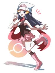 Rule 34 | 1girl, bare legs, bare shoulders, black eyes, black hair, black shirt, boots, creatures (company), dawn (pokemon), full body, game freak, hair ornament, hairclip, hat, highres, index finger raised, kneehighs, long hair, looking at viewer, nintendo, one eye closed, open mouth, pink footwear, pink skirt, poke ball print, poke ball symbol, pokemon, pokemon dppt, poketch, qnqn 1020, red scarf, scarf, shirt, simple background, skirt, sleeveless, sleeveless shirt, smile, socks, standing, standing on one leg, walking, watch, white background, white hat, wide hips, wink, wristwatch