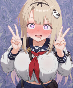 1girl absurdres ahegao armband blonde_hair blue_eyes blue_sailor_collar blue_skirt blush breast_pocket breasts chaos_zero_nightmare crop_top crop_top_overhang double_v hair_ornament hairband hand_up haru_(chaos_zero_nightmare) heart heart-shaped_pupils highres index_finger_raised konjou large_breasts long_hair long_sleeves looking_at_viewer midriff neckerchief open_mouth panda_hair_ornament pleated_skirt pocket purple_eyes red_neckerchief sailor_collar saliva school_uniform serafuku shirt sidelocks skirt solo symbol-shaped_pupils v white_shirt