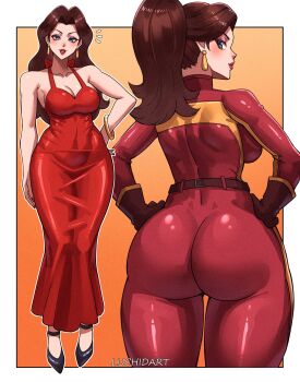Rule 34 | 1girl, ass, ass focus, biker clothes, bikesuit, blue eyes, blush, bodysuit, breasts, brown hair, dress, from behind, gloves, high heels, highres, huge ass, large breasts, long hair, looking at viewer, looking back, luchidart, mario (series), mario kart, nintendo, pauline (nintendo), ponytail, sideboob, skin tight, smile, solo