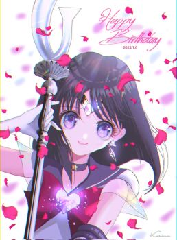 1girl bishoujo_senshi_sailor_moon blunt_bangs bow bowtie choker corrupted_twitter_file elbow_gloves gloves happy_birthday highres jewelry koharumichi purple_bow purple_bowtie purple_eyes purple_hair purple_sailor_collar sailor_collar sailor_saturn shirt short_hair short_sleeves silence_glaive solo star_(symbol) star_choker super_sailor_saturn tomoe_hotaru white_shirt