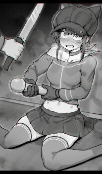 1girl 1other absurdres animal_ear_headwear animal_ears breasts newsboy_cap cat_ears choker clenched_teeth collarbone commentary_request cool_mita_(miside) crying crying_with_eyes_open dildo fake_animal_ears feet_out_of_frame gloves greyscale hat highres hitachi_magic_wand holding holding_knife holding_sex_toy knife long_sleeves medium_breasts midriff miside mita_(miside) monochrome navel niwarhythm pleated_skirt sex_toy shirt sidelocks single_off_shoulder sitting skirt tears teeth thighhighs trembling vibrator wariza