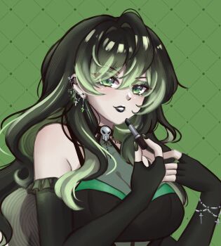 Rule 34 | 1girl, absurdres, bare shoulders, black dress, black gloves, black hair, black lips, borrowed character, breasts, cleavage, commentary, cosmetics, cross piercing, double-parted bangs, dress, ear piercing, earrings, elbow gloves, english commentary, eyeshadow, fingerless gloves, gloves, green background, green eyes, green eyeshadow, green hair, green theme, hair between eyes, hands up, highres, holding, holding lipstick tube, jewelry, large breasts, lipstick, lipstick tube, long hair, looking at viewer, makeup, multicolored hair, nail polish, original, parted lips, peachylilies, piercing, see-through cleavage, see-through clothes, skull ornament, sleeveless, sleeveless dress, smile, solo, two-tone hair, upper body