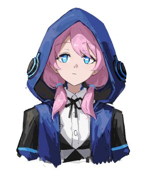 1girl arknights black_jacket black_ribbon blue_eyes blue_jacket blue_poison_(arknights) bright_pupils closed_mouth collared_shirt cropped_shoulders fuyukono hair_tie highres hood hood_up hooded_jacket jacket looking_to_the_side medium_hair neck_ribbon oekaki pink_hair ribbon shirt simple_background solo white_background white_pupils white_shirt