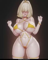 1girl 3d ahoge animated areola_slip belly blender_(medium) blonde_hair blush breasts colored_inner_hair curvy elegg_(nikke) facing_viewer gluteal_fold goddess_of_victory:_nikke hair_intakes hair_over_eyes huge_breasts lips long_bangs looping_animation multicolored_hair navel o-ring o-ring_swimsuit one-piece_swimsuit plump purple_eyes rushzilla short_hair skindentation slingshot_swimsuit solo stomach swimsuit tagme thick_thighs thigh_strap thighs underboob upright_ahoge video wide_hips yellow_swimsuit
