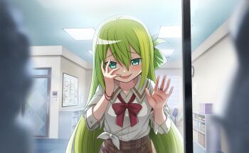 1girl against_glass alina_gray analog_clock aqua_eyes artist_request bow bowtie brown_skirt bulletin_board buttons ceiling_light chair clock collarbone collared_shirt cowboy_shot crazy crazy_smile door dot_nose front-tie_top game_cg green_hair hair_between_eyes hair_rings hair_tie hand_on_own_face high-waist_skirt highres jewelry leaning_forward light_blush long_hair long_sleeves looking_at_viewer magia_record:_mahou_shoujo_madoka_magica_gaiden mahou_shoujo_madoka_magica mahou_shoujo_madoka_magica_magia_exedra office office_chair official_art open_mouth palms people plaid_clothes plaid_skirt raised_inner_eyebrows red_bow red_bowtie ring sakae_general_school_uniform school_uniform shelf shirt single_hair_ring skirt sleeve_cuffs sliding_doors smile solo straight-on straight_hair swivel_chair tsurime very_long_hair white_shirt