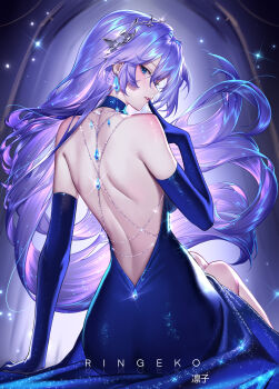 Rule 34 | 1girl, absurdres, alternate costume, artist name, back, backless dress, backless outfit, bare shoulders, blue eyes, breasts, cantarella (wuthering waves), commentary, dress, earrings, elbow gloves, from behind, glint, gloves, hair ornament, hand up, highres, jewelry, long hair, looking at viewer, looking back, medium breasts, mole, mole under eye, parted lips, purple dress, purple gloves, purple hair, ringeko-chan, shoulder blades, sideways glance, sitting, solo, very long hair, wuthering waves