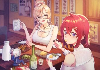 Rule 34 | 1boy, 2girls, :d, ^ ^, alcohol, ange katrina, ange katrina (5th costume), arm rest, armpit crease, asymmetrical bangs, bare arms, bare shoulders, beer mug, blonde hair, blue eyes, blue pants, blue shirt, blurry, blurry background, blush, bottle, bowl, breasts, brown-framed eyewear, choko (cup), chopsticks, cleavage, cleavage cutout, closed eyes, clothing cutout, collarbone, commentary request, crossed bangs, cup, drinking, drinking glass, earrings, eating, edamame, elbow rest, fang, food in mouth, food request, glasses, gold necklace, gradient eyes, grey hair, hair between eyes, hair bun, hair ornament, hairpin, hand up, heart, heart necklace, highres, holding, holding chopsticks, holding plate, jewelry, large breasts, layered shirt, long bangs, long sleeves, looking at viewer, looking back, maimoto keisuke, maimoto keisuke (1st costume), medium hair, mini person, miniboy, mug, multicolored eyes, multiple girls, multiple hairpins, multiple rings, necklace, nijisanji, nui sociere, nui sociere (7th costume), on table, open mouth, oyu (b 47p), pants, parted bangs, plate, purple eyes, red hair, restaurant, ring, sake bottle, samue, sandals, shirt, short hair, shot glass, shoulder cutout, sidelocks, silver ring, single hair bun, single hair intake, sitting, skin fang, smile, table, tank top, tokkuri, translation request, turning head, very short hair, virtual youtuber, white shirt, white tank top, wooden table