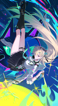 1girl absurdres black_shoes black_skirt black_socks blonde_hair blue_eyes braid braided_bangs breasts can colorful_background earrings floating_hair graffiti hair_between_eyes hair_floating_upwards hair_ornament headphones headphones_around_neck highres holding holding_can id_card jewelry legs_up long_hair looking_at_viewer looking_to_the_side lynae_(wuthering_waves) medium_breasts meng_ziya necklace shirt shirt_tucked_in shoes skirt skull_hair_ornament socks solo spray_can star_(symbol) star_earrings very_long_hair white_shirt wuthering_waves