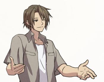 Rule 34 | 1boy, ace attorney, brown eyes, brown hair, closed mouth, collared shirt, commentary request, grey shirt, highres, iwamoto tatsurou, koizumi itsuki, male focus, one eye closed, open clothes, open shirt, shirt, short hair, short sleeves, simple background, solo, suzumiya haruhi no yuuutsu, upper body, white background, white shirt