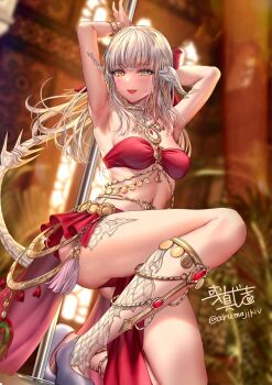 1girl aruma_jiki au_ra blonde_hair bow bra breasts commission dancer_(final_fantasy) dragon_girl dragon_horns dragon_tail final_fantasy final_fantasy_xiv gold hair_bow harem_outfit highres horns long_hair looking_at_viewer open_mouth panties pelvic_curtain pole red_bra red_panties signature skeb_commission small_breasts stripper_pole tail twitter_username underwear warrior_of_light_(ff14) white_scales yellow_eyes