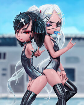 2girls \n/ ass-to-ass black_hair black_legwear black_nails black_tank_top blue_eyes cross cross_hair_ornament dagger_(fiz-rot) eyepatch fang fiz-rot food hair_ornament highres loli multiple_girls nail_polish pig_tail popsicle red_eyes tail tank_top tongue tongue_out white_hair