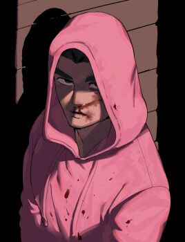 Rule 34 | 1boy, black border, black hair, blood, blood on clothes, blood on face, border, dancho no mori, drawstring, green eyes, hood, hood up, hoodie, little mac, looking up, nintendo, nosebleed, portrait, punch-out!!, solo, upper body