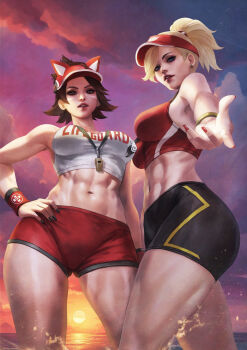 2girls abs absurdres beach beckoning biceps black_nails blonde_hair brown_hair crop_top eyeshadow from_below hand_on_own_hip high_ponytail highres kiriko_(overwatch) lifeguard lifeguard_kiriko lifeguard_mercy looking_at_viewer makeup mercy_(overwatch) midriff monori_rogue multiple_girls nail_polish ocean outdoors outstretched_arm outstretched_hand overwatch ponytail reaching reaching_towards_viewer red_nails short_hair shorts splashing standing sunset tank_top toned visor_cap whistle whistle_around_neck