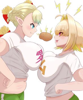 2girls :3 ahoge blonde_hair blue_eyes blush braid breast_fight breast_press breasts crop_top crown_braid elegg_(nikke) elf elf-san_wa_yaserarenai. elfuda_(elf-san_wa_yaserarenai.) elfuda_(elf-san_wa_yaserarenai.)_(cosplay) fang food french_fries from_side goddess_of_victory:_nikke green_shorts hair_intakes hands_on_own_hips huge_breasts large_breasts multiple_girls nama_sirasu navel open_mouth pink_eyes plump pointy_ears potato shirt short_hair shorts smile stare_down symmetrical_docking t-shirt white_background white_shirt