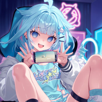 1girl ahoge blue_eyes blue_hair braid casual chair commentary_request earrings empty_eyes false_smile gaming_chair hair_ornament hairclip hololive hololive_dev_is hood hoodie jacket jewelry kutori_pan'ya looking_at_viewer medium_hair mizumiya_su mizumiya_su_(1st_costume) multicolored_hair multiple_earrings open_mouth pink_hair shirt signature skindentation smile spread_legs streaked_hair swivel_chair t-shirt thigh_strap twin_braids virtual_youtuber