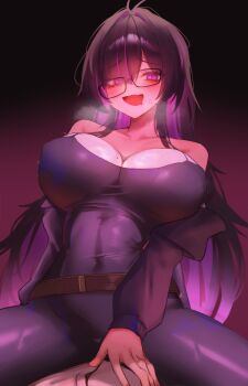 1boy 1girl absurdres bare_shoulders belt black_dress black_hair breasts brown_belt commentary_request covered_erect_nipples dress girl_on_top glasses goddess_of_victory:_nikke gradient_background highres label_(nikke) large_breasts long_hair looking_at_viewer maviss_03 messy_hair multicolored_hair open_mouth paid_reward_available purple_eyes purple_hair two-tone_hair very_long_hair