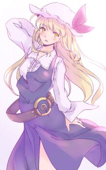 1girl arm_behind_head arm_up belt blonde_hair blush brown_belt collared_shirt commentary_request dress feet_out_of_frame hat hat_ribbon long_hair long_sleeves mob_cap o-ring o-ring_belt one-hour_drawing_challenge open_mouth purple_dress purple_ribbon rangycrow ribbon shirt sideways_glance solo touhou watatsuki_no_toyohime white_hat white_shirt yellow_eyes