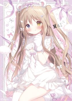 1girl :q animal_ears animal_hands bear_ears blush breasts brown_eyes brown_hair cleavage closed_mouth commentary dress frilled_hairband frills fur-trimmed_gloves fur_trim gloves grey_eyes hairband hand_up heterochromia high_heels highres long_hair loose_socks medium_breasts original paw_gloves ribbon-trimmed_hairband shiratama_(shiratamaco) shoes smile socks solo symbol-only_commentary tongue tongue_out two_side_up very_long_hair white_background white_dress white_gloves white_hairband white_shoes white_socks
