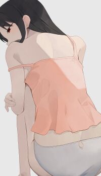 1girl ass back bare_shoulders black_hair butt_crack camisole commentary from_behind grey_background grey_panties highres hiroki_(yyqw7151) kaguya-sama_wa_kokurasetai_~tensai-tachi_no_renai_zunousen~ long_hair looking_at_viewer looking_back nape orange_camisole panties profile red_eyes shinomiya_kaguya sidelocks simple_background sitting solo strap_slip underwear underwear_only white_background white_panties