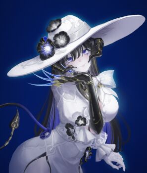 1girl black_hair breasts commentary demon_girl demon_horns dress english_commentary highres honkai:_star_rail honkai_(series) horns large_breasts looking_at_viewer nohemi purple_eyes solo the_dahlia_(honkai:_star_rail)