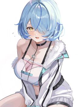 1girl armpit_crease between_legs black_jacket blue_hair blush bra breasts cleavage commentary_request elf hair_over_one_eye hand_between_legs highres hololive jacket large_breasts long_sleeves nyannyan_poa official_alternate_hairstyle open_mouth pointy_ears short_hair short_shorts shorts simple_background single_bare_shoulder single_off_shoulder solo underwear upper_body virtual_youtuber white_background white_bra white_shorts yellow_eyes yukihana_lamy yukihana_lamy_(cyber)
