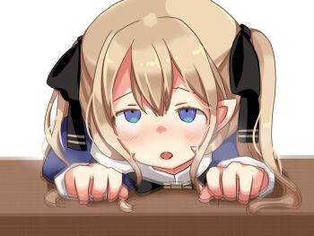 1girl afterimage ariel_(oukoku_no_shugo_tenshi) black_bow blue_dress blue_eyes blush bow breath brown_hair desk dress game_cg hair_between_eyes heavy_breathing hikaru_(sgst) implied_sex juliet_sleeves large_variant_set long_hair long_sleeves lying motion_blur motion_lines non-web_source on_desk on_stomach open_mouth oukoku_no_shugo_tenshi pointy_ears portrait puffy_sleeves rolling_eyes sidelocks simple_background sitting solo tareme transparent_background twintails variant_set