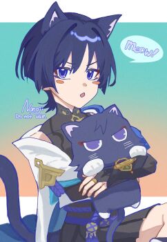 Rule 34 | 1boy, animal, animal ear fluff, animal ears, animalization, aqua background, belt, black belt, black bodysuit, black bridal gauntlets, black cat, black hair, black shorts, blue sleeves, blunt ends, blush stickers, bodysuit, border, bridal gauntlets, brown background, cat, cat boy, cat ears, cat tail, choppy bangs, covered collarbone, english text, furisode, genshin impact, gold ring, gradient background, hakama, hakama shorts, highres, holding, holding animal, holding cat, japanese clothes, kimono, layered sleeves, letterboxed, looking at viewer, male focus, mandarin collar, middle ring, nonoji (nonoji ekaki), open mouth, person and animalization, pleated shorts, purple eyes, purple rope, purple sash, rope, sash, scaramouche (cat) (genshin impact), scaramouche (genshin impact), short sleeves, shorts, shoulder peek, sitting, solo, speech bubble, tail, wanderer (genshin impact), white border, white kimono, white sleeves