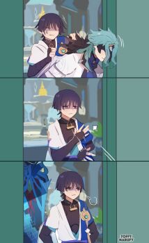 Rule 34 | 2boys, anger vein, aqua gem, aqua hair, armor, arms at sides, ascot, black bodysuit, black bridal gauntlets, black hair, black mask, blue ascot, blue cape, blue kimono, blue sleeves, blunt ends, bodysuit, bridal gauntlets, cape, choppy bangs, closed mouth, coat, commentary, doorway, dottore (exalted master of the heretical path) (genshin impact), dottore (genshin impact), english commentary, eye mask, feather-trimmed coat, gem, genshin impact, gold, gold ring, highres, indoors, japanese armor, japanese clothes, juban, kimono, kote, kurokote, layered sleeves, long bangs, mandarin collar, mask, meme, middle ring, moe tossing barney out (meme), motion lines, multiple boys, pointing, pointing to the side, purple eyes, scaramouche (genshin impact), shaded face, short sleeves, the simpsons, toffy narufy, tsurime, vision (genshin impact), wanderer (genshin impact), white coat, white kimono, white sleeves