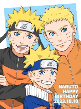 3boys black_headband blonde_hair blue_eyes blue_headband boruto:_naruto_next_generations commentary_request corrupted_twitter_file crossed_arms dated facial_mark grin happy headband highres jacket konohagakure_symbol male_focus matsu_(fu6ide2) multiple_boys multiple_persona naruto_(classic) naruto_(series) naruto_shippuuden open_mouth orange_jacket smile twitter_username uzumaki_naruto whisker_markings