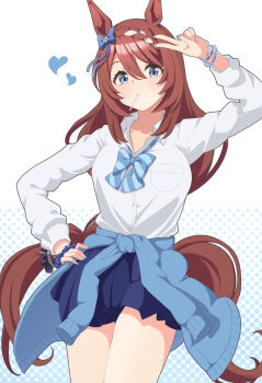 1girl alternate_costume animal_ears blue_bow blue_bowtie blue_cardigan blue_eyes blue_nails blue_skirt blush bow bowtie bracelet braid braided_ponytail breasts brown_hair cardigan cardigan_around_waist clothes_around_waist collarbone collared_shirt commentary_request cowboy_shot ear_bow hair_between_eyes heart highres horse_ears horse_girl horse_tail jewelry large_breasts lollipop_in_mouth long_hair looking_at_viewer low-tied_long_hair miniskirt multicolored_hair pleated_skirt school_uniform shiromaru_illust shirt simple_background skirt smile solo streaked_hair super_creek_(umamusume) tail umamusume v very_long_hair white_background white_hair white_shirt
