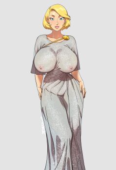 1girl blonde_hair blue_eyes breasts commentary covered_erect_nipples curvy dc_comics dress earrings english_commentary grey_background grey_dress hands_on_own_hips highres jewelry jtt_artz large_breasts nipples power_girl short_hair signature superman_(series) thick_thighs thighs wide_hips