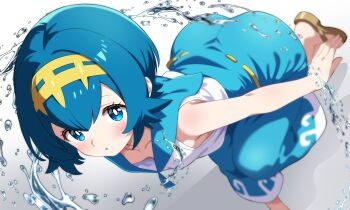 1girl areola_slip ass bent_over blue_eyes blue_hair blue_pants blue_sailor_collar blush breasts brown_sandals covered_erect_nipples downblouse female_focus full_body gradient_background hair_between_eyes highres lana_(pokemon) loli looking_at_viewer matching_hair/eyes nintendo pants parted_lips pokemon pokemon_sm pon_tanuki_(ga7fsrge9jxblaw) sailor_collar sandals shirt short_hair sidelocks simple_background small_breasts solo standing standing_on_one_leg tiara trial_captain water white_background white_shirt