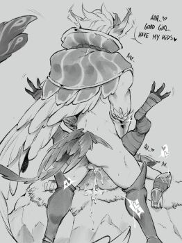 1boy 1girl ass bridal_gauntlets cape cum english_text from_behind green_(greeniris) greyscale hetero highres league_of_legends monochrome rakan_(league_of_legends) sex short_hair standing talons vaginal xayah