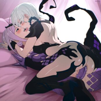2girls akobeul arched_back armor ass back bare_back bed black_eyes black_gloves black_thighhighs blush bottomless breasts character_request commission copyright_request curtains dildo double_dildo earrings fingerless_gloves french_kiss girl_on_top gloves grabbing_another&#039;s_ass groping hand_on_another&#039;s_head indoors jewelry kiss large_breasts looking_at_another lying multiple_girls object_insertion on_back on_bed pink_hair pussy pussy_juice revealing_clothes saliva saliva_trail sex_toy shared_object_insertion short_hair shoulder_armor shoulder_spikes sideboob spiked_armor spikes sweat thighhighs tongue tongue_out uncensored vaginal vaginal_object_insertion white_hair yuri