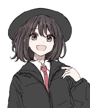 1girl :d black_eyes black_hair black_jacket black_nails blush collared_shirt commentary jacket kashiwada_kiiho long_sleeves necktie open_mouth partially_unzipped red_necktie shirt short_hair simple_background smile solo touhou unfinished usami_renko white_background white_shirt