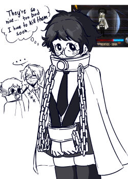 1girl absurdres aura black_eyes black_hair blush cape chain chibi collar collared_shirt commentary covered_mouth crazy_eyes dialogue_box e.g.o_(project_moon) english_commentary glasses glowing gregor_(project_moon) highres limbus_company looking_at_viewer messy_hair monochrome necktie project_moon shirt solo sora_(project_moon) spoilers starlinkman thighhighs thighs very_big_eyes