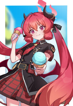 1girl absurdres amamiyayk black_shirt black_skirt blue_archive chinese_commentary commentary_request demon_horns food halo highres holding holding_food holding_ice_cream horns ice_cream junko_(blue_archive) kyougami_kayo long_hair looking_at_viewer necktie pink_eyes pink_hair red_necktie school_uniform shirt skirt smile solo
