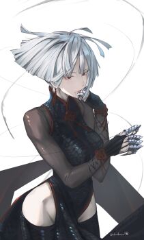 1girl a.k.i._(street_fighter) absurdres black_dress breasts china_dress chinese_clothes claw_(weapon) claw_ring closed_mouth commentary_request covered_navel douibotan dress earrings highres hip_bones jewelry large_breasts long_sleeves mole mole_under_mouth pelvic_curtain red_eyes red_lips scale_print see-through_clothes see-through_sleeves short_hair snake_print solo street_fighter street_fighter_6 tassel tassel_earrings weapon white_background white_hair