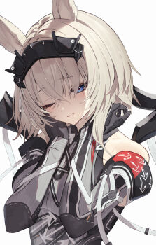 Rule 34 | 1girl, animal ears, arknights, arknights: endfield, avywenna (arknights), bare shoulders, black gloves, blue eyes, brown hair, commentary request, crossed bangs, detached sleeves, diieru, gloves, hair between eyes, hands up, highres, looking at viewer, medium hair, one eye closed, rabbit ears, rabbit girl, simple background, smile, solo, teeth, upper body, white background