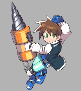 1boy 2022 arm_up armor blue_armor brown_hair caliginousarts commentary commission cyborg drill_hand english_commentary full_body green_eyes hand_up highres jacket letterman_jacket long_sleeves male_focus mega_man_(series) mega_man_legends_(series) mega_man_volnutt short_hair smile solo v-shaped_eyebrows white_sleeves