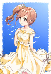 Rule 34 | 1girl, arm behind back, bare shoulders, blue sky, blush, breasts, brown eyes, brown hair, collarbone, dress, frilled dress, frills, hand on own chest, idolmaster, idolmaster cinderella girls, igarashi kyoko, kuresuku (lessons), looking at viewer, looking to the side, off shoulder, outside border, parted lips, short hair, side ponytail, sidelocks, sky, sleeveless, sleeveless dress, small breasts, solo, swept bangs, wind, wind lift, yellow dress
