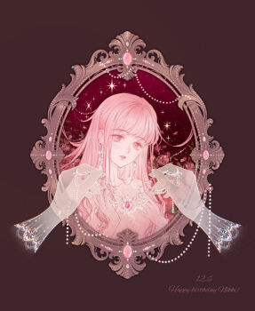 1girl absurdres beads blunt_bangs brown_background brown_eyes collarbone commentary_request covering_breasts covering_privates dated disembodied_hand dressing_another earrings english_text gem happy_birthday highres holding holding_jewelry holding_necklace infinity_nikki jewelry lips long_hair long_sidelocks necklace nikki_(nikki) nikki_(series) parted_lips picture_frame pink_hair pink_lips putting_on_jewelry red_gemstone sidelocks simple_background solo topless_female upper_body very_long_hair wavy_hair yueyi_cemu